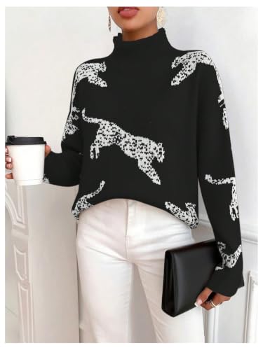Image of WDIRARA Women's Leopard Tiger Print Sweater High Neck Long Sleeve Fuzzy Knitted Pullover Top