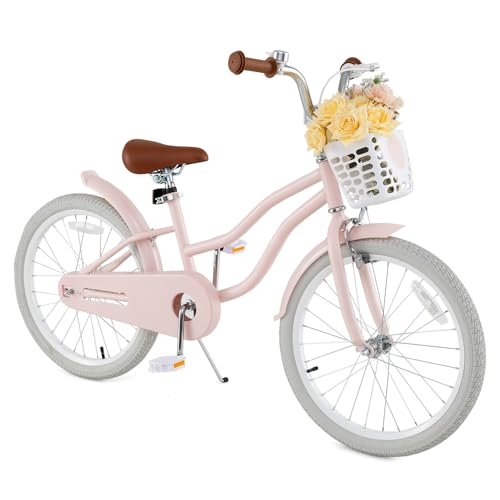 HONEY JOY Kids Bike, 20 Inch Pink Toddler Bikes w/Kickstand, Handbrake & Coaster Brake, Fully Enclosed Chain, Adjustable Handlebar & Seat, Kids Bicycle w/Basket, Girls Boys Bike 8+