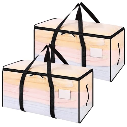 Dntorx 2 Pack 90L Clothes Storage Bags with Lids Clear Moving Bags Heavy Duty Moving Totes for College Dorm Storage, Camping Travel Packing, Home Garage Organization & Seasonal Bedding