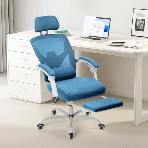 Image of Sweetcrispy Office Computer Desk Chair, Ergonomic High-Back Mesh Rolling Work Swivel Chairs with Wheels, Comfortable Lumbar Support, Comfy Arms for Home, Bedroom, Study, Student, Blue