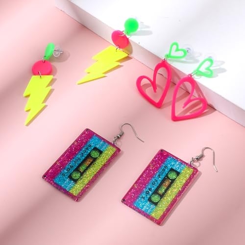 Matwsec 3 Paar 80er 90er Neon Ohrringe für Damen, Retro Acryl 80er 90er Jahre Accessoires Vintage Neon Schmuck für Mottoparty Kostüm Party Maskerade Frau Mädchen