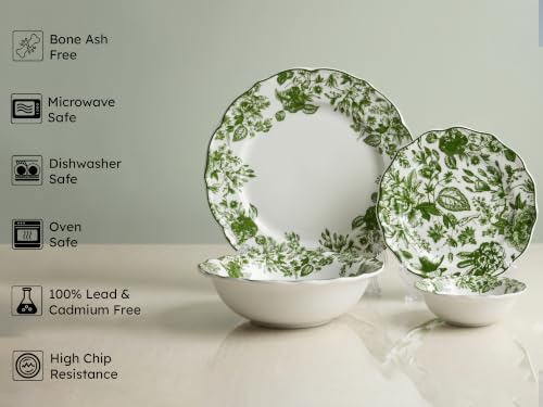 Image of Bodhi House Porcelain Dinner Set 20 Pieces - Green Leaf White Dinnerware Set | 6 Dinner Plates, 6 Quarter Plates, 6 Katori Bowls, 2 Serving Bowls | Premium Crockery Set for Dining, Kitchen & Gifting