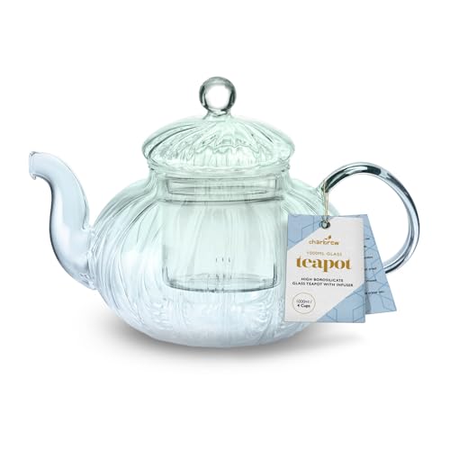 Charbrew 1000ml Borosilicate Glass Teapot with Infuser - Elegant Ribbed Design for Loose Leaf, Teabags & Blooming Tea - Serves 5 Cups (Green & Blue)