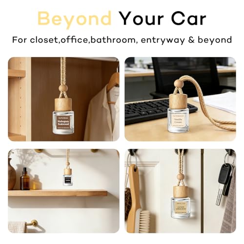 Image of C Classy Car Air Freshener Hanging 2 Pack, Mahogany Teakwood Essential Oil Diffuser, Cute Glass Bottle, Long-Lasting Fragrance Car Accessories for Women & Men, Made in USA