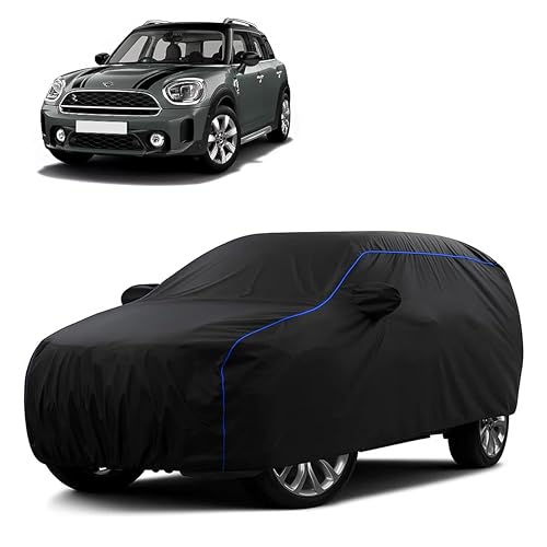 Image of Sulfar 100% Water Resistant Car Body Cover Compatible with Mirror for BMW Countryman Coupe (Triple Stitched, Full Bottom Elastic, Black Tafetta with Blue Piping)