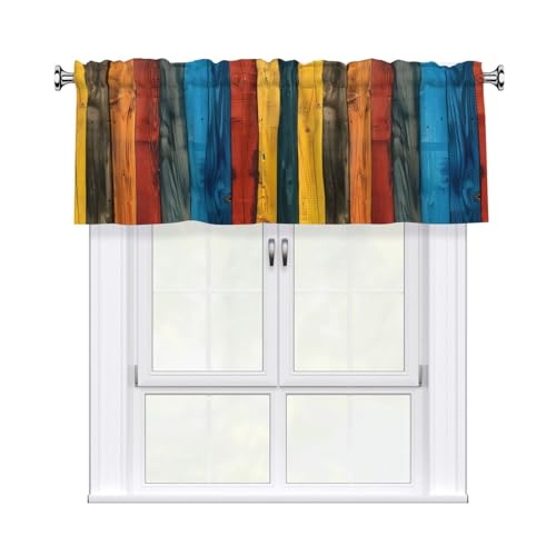 MSRHIUEF Cortina corta con cenefa con estampado de tableros de madera coloridos, 137 x 45 cm, tratamiento de ventana filtrante de luz para cocina, baño, lavandería, estudio