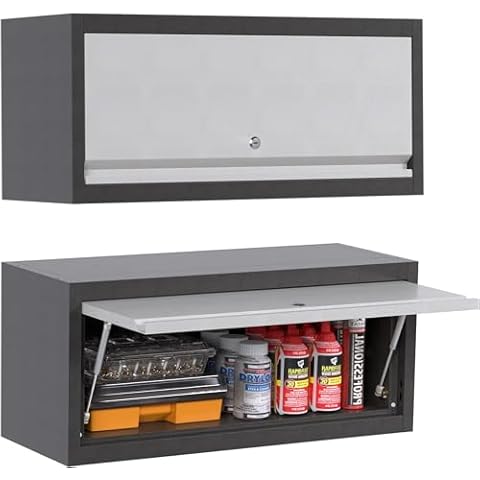 JAORD Garage Wall Cabinet, Garage Cabinets and Storage System, Hanging Garage Tool Cabinet with Up-Flip Doors for Home Office Basement Pantry School and Workshop,Assembled Require Cover