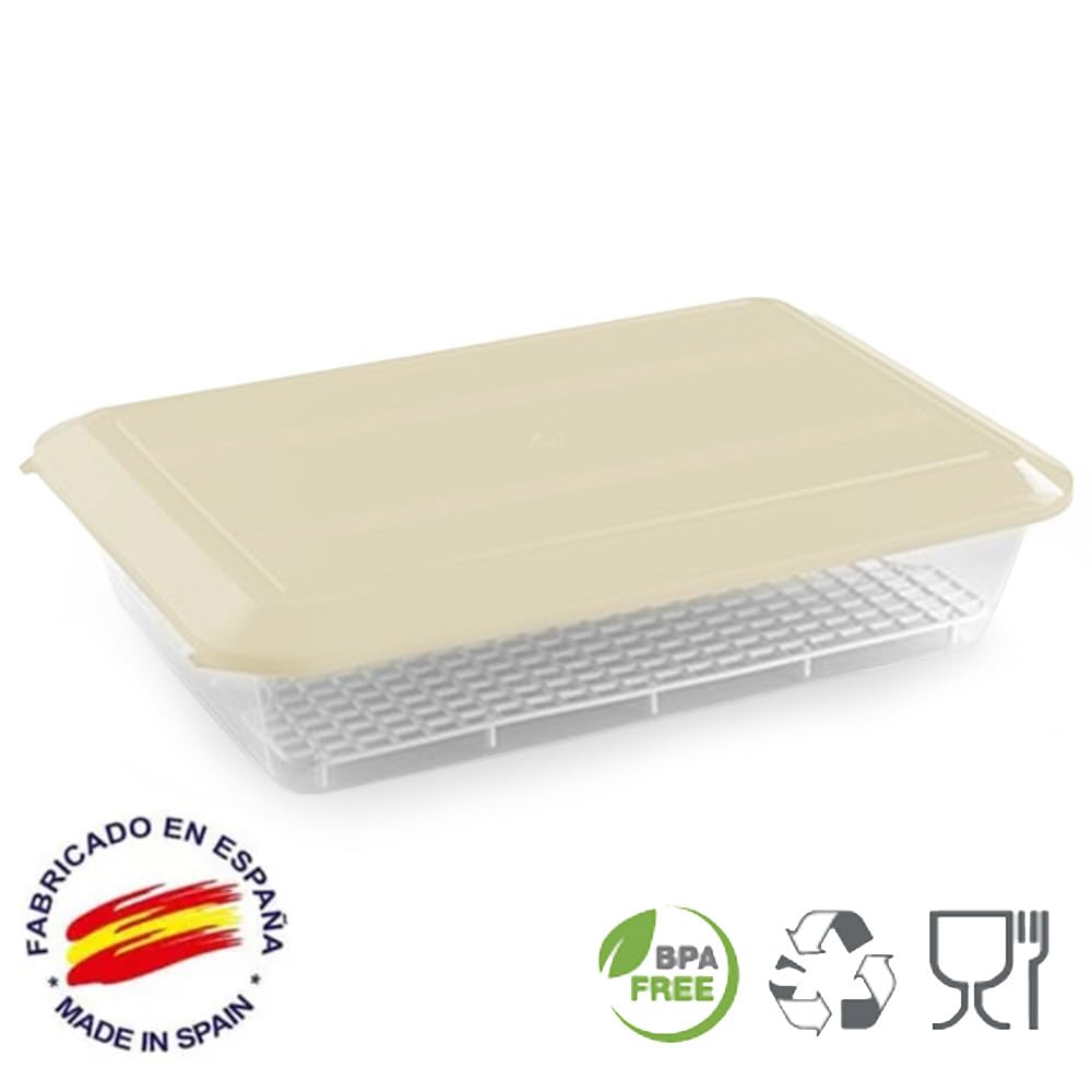 Pack 12 Bandejas Descongelar Alimentos 4,2L Tapa Beige y Rejilla Antigoteo | 36 x 24 x 8,5cm. Sin BPA. Recipiente para descongelación más higiénica. Ideal cocinas, restaurantes, hostelería y cátering