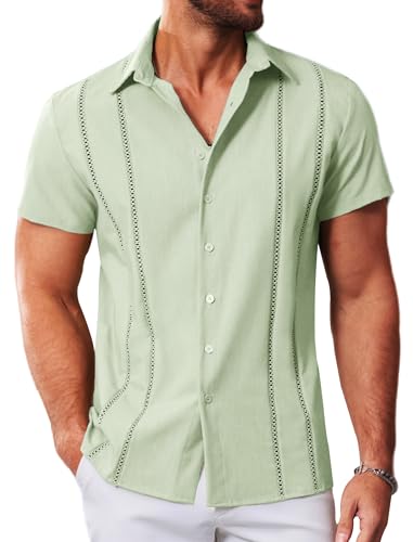 MAPICK - Camisas guayabera cubanas para hombre, estilo casual, con botones, de manga corta, camisa de vestir para verano y playa, estilo mexicano, Verde claro, X-Large