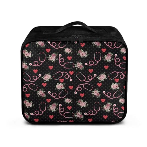 Image of Gomyblomy First Aid Bag Empty Stethoscope Flowers Small Medicine Bag Travel Medical Supplies Storage Bag with Zippers and Handle Black First Aid Pouch for Home School Dorm