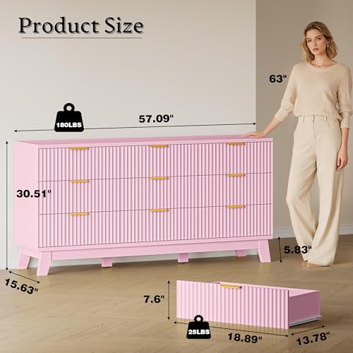 Image of BORNOON Fluted 9 Drawer Dresser, 57.1 inch Wide Modern Boho Chest of Drawers, Wooden Storage Dresser TV Stand for Bedroom, Living Room, Closet, Hallway, Curved Profile Design