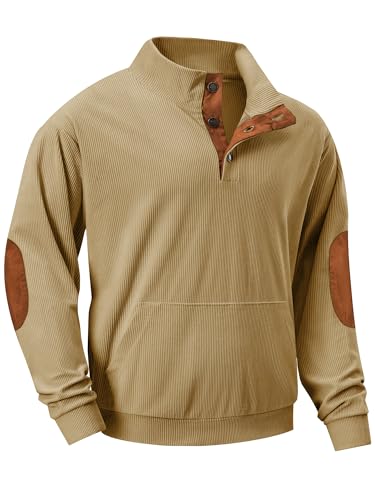 JMIERR Sweatshirts for Men Long Sleeve 1/4 Button Corduroy Collared Pullovers Henley Sweaters Fall Shirts Fashion Jackets Clothing with Pockets, 2XL, Light French Beige