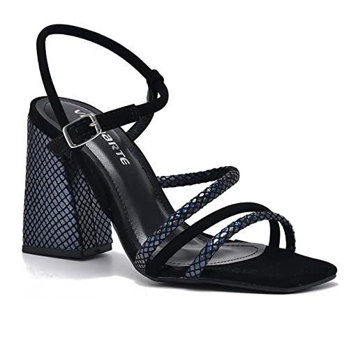 Sandália Via Marte Salto Grosso Geométrico Nobuck Cintilante 22-14605 Cor:Preto;Tamanho:38