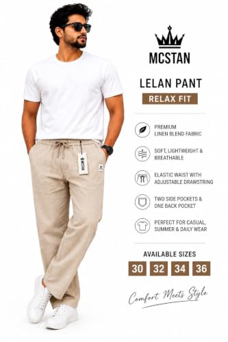 Image of MCSTAN Men's Linen Blend Cotton Pants Casual Relaxed Fit Lightweight Summer Trousers with Elastic Waist Drawstring and Pockets Beach Vacation Holidays