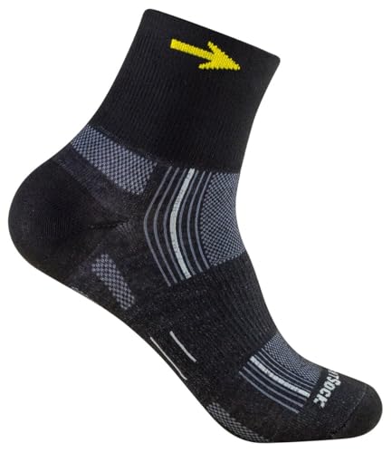 Wrightsock - 1 Paar Herren/Damen Profi Sportsocke, Laufsocke, Wandersocke in schwarz, Modell Stride, Anti-Blasen-System, doppel-lagig, Jakobsweg Stick Pfeilsymbol in Gelb, Quarter (knöchelhoch), Gr. L