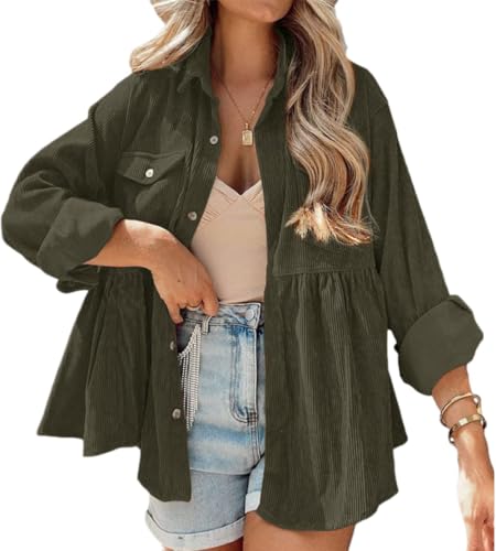 Corduroy Peplum Hem Button-Up Shirt Jacket for Women Long Sleeve Loose Fit Button Down Blouses with Pockets