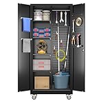 Garage Storage Cabinet with Wheels, Broom Closet Storage Cabinet with Pegboards and Adjustable Shelves, Metal Tool Cabinet with Lockable Door for Garage Home, Black