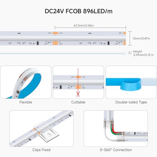 Image of BTF-LIGHTING FCOB COB LED Strip WS2814 IC RGBW 3000K Flexible High Density Color Chasing Uniform Light 16.4FT DC24V 896LED /m 16IC /m 12mm Width for Home DIY Lighting Projects(No Adapter or Controller)