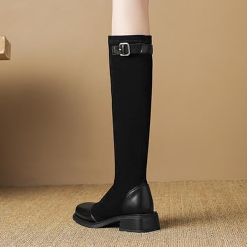 Women’s Knee High Stretch Boots Comfortable Low Heels Faux Suede Slip on Square Toe Tall Shaft Boot3