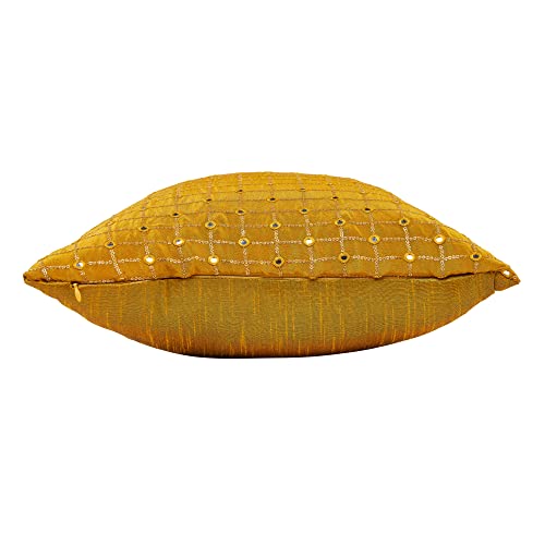 Image of Gold Cushion Covers 12x12 Set of 2, Mustard Decorative Pillows for Sofa and Couch, Festive Sequence Silk Pillow Covers, Small Sequins Pillowcases