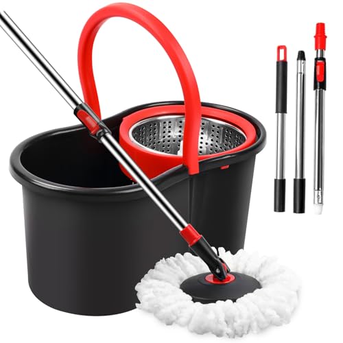 Spin Mop and Bucket, Mop and Bucket with Wringer Set for Home, 360 Spinning Mop Bucket Floor Cleaning Tool with 1 Microfiber Mop Replacement Head Refills,50' Extended Handle for Floor Cleaning Home