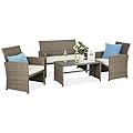 Best Choice Products 4-Piece Outdoor Wicker Patio Conversation Furniture Set for Backyard w/Coffee Table, Seat Cushions - Taupe/White Sand