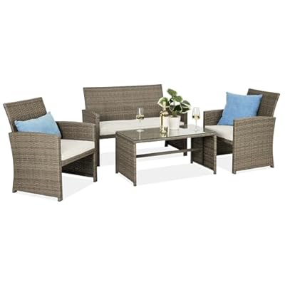 Best Choice Products 4-Piece Outdoor Wicker Patio Conversation Furniture Set for Backyard w/Coffee Table, Seat Cushions - Taupe/White Sand