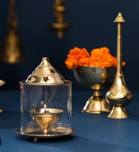 Image of Brass Akhand Diya with Glass Cover 6 Inch Pack of 2 | Golden Decorative Brass Oil Lamp & Tea Light Holder | Cylindrical Lantern for Durga Pooja, Navratri, Temple, Festive & Home Dcor