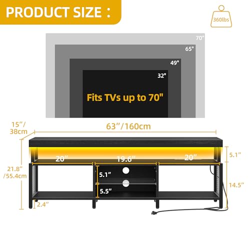 DWVO Living Room TV Stands for 70/65 inch TV LED Entertainment Center with Storage, Modern Television Stand, Industrial Media Console Cabinet with Power Outlets, Black