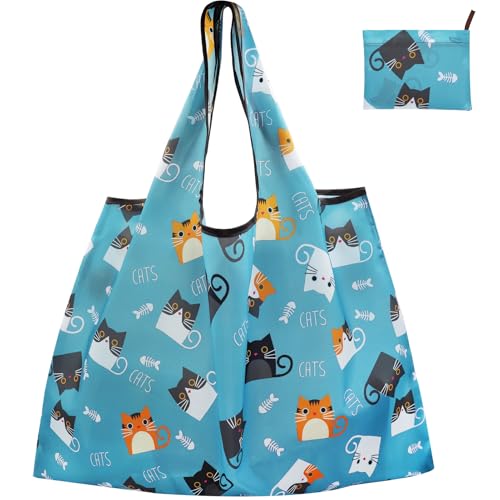 FenFang Einkaufstasche Faltbar Groß, Einkaufsbeutel Stoff Wiederverwendbare, Mehrwegtasche Umweltfreundlich Faltbare Tasche Leichte Schnelltrocknend für Einkauf Reise Ausflug (Blaue Katze)