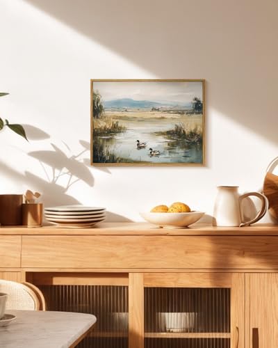 Image of ARPEOTCY Vintage Framed Canvas Wall Art, 12x16inch, Farmhouse Mallard Duck Pond Wall Decor, Country Art Prints Home Decorations, Landscape Paintings for Living Room Bedroom Shelf Decor