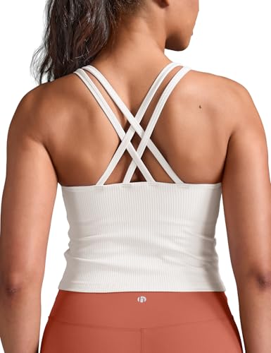 Image of HeyNuts Zeal Bras Longline Ribbed Medium Support Sports Bras, Crisscross Back Tank Tops with Removable Pads A-D Cups