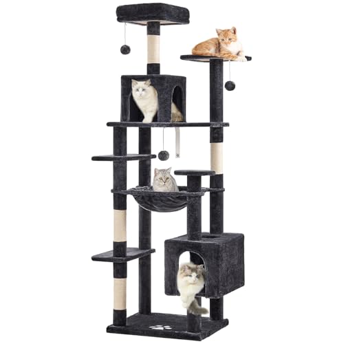 MSmask Kratzbaum groß, L Katzenbaum Stabil, Katzenkratzbaum mit 2 Plattformen, 2 Katzenhöhlen, Hängematte, Sisalsäulen, mehrstöckiger Kletterbaum...