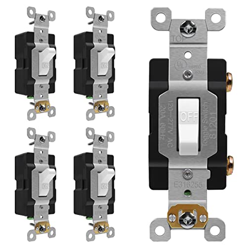 ENERLITES Toggle Light Switch Light Switch Single Pole 20A 120/277V Grounding Screw Commercial Grade UL Listed 81201A-W-5PCS White 5 Pack
