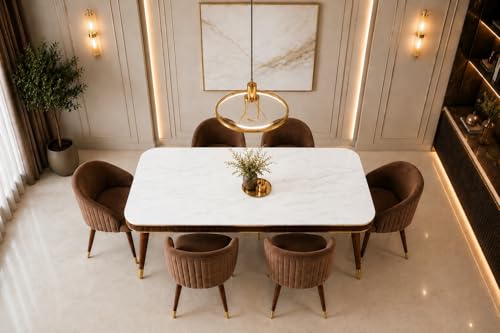 Image of WOODEN SPACE 6-Seater Wooden Dining Table Set | Nano Composite Marble Top | Solid Wood Base | Modern Dining Room Furniture with 6 Chairs (Modern Brown)