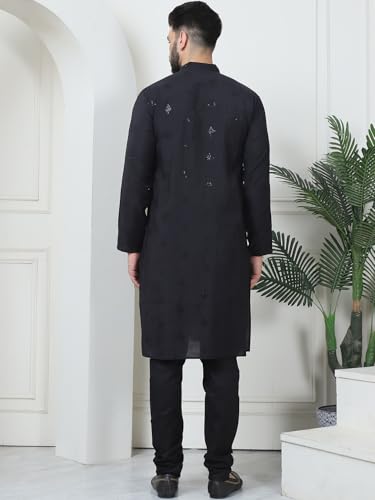 Image of SOJANYA (Since 1958 Men's Cotton Silk Sequinned Neck Embroidered Kurta with Black Pyjama