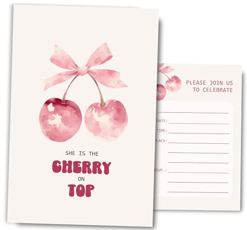 Fablus Pink Bow Cherry Birthday Invitations Girls, She Is The Cherry on Top Birthday Party Invitaions, 4x6 Inches, 30 Sets with Envelopes