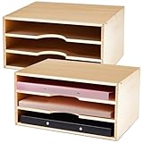 Beeveer 2 Pcs 3 Tier Wooden Desktop Organizer Paper Storage Letter Tray File Sorter Desk Rack Magazine File Dividers Holders for Home Office Accessories Wood Desk Cabinet with 3 Layer Trays Natural