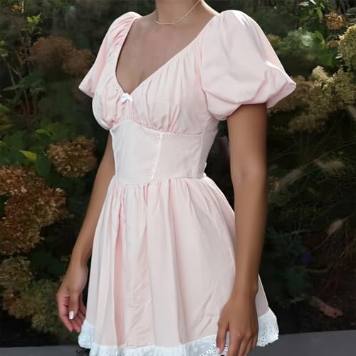 Image of Women Y2k Puff Sleeve Babydoll Dresses Square Neck Tie Back Mini Dress Summer Solid Off Shoulder Flowy Sundress