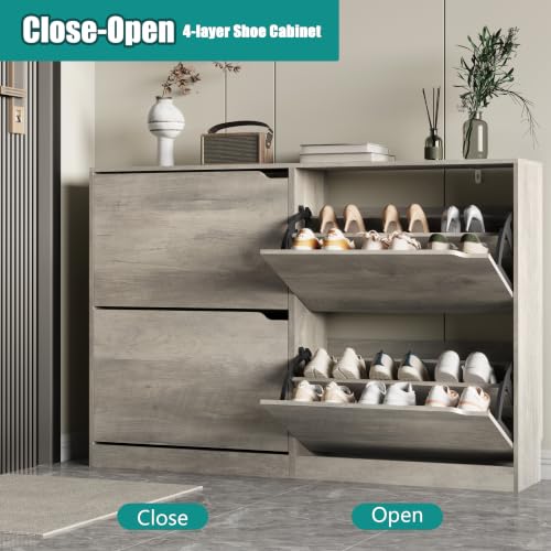 Image of Xixini Shoe Storage Cabinet for Entryway with 4 Flip Drawers, Sturdy Wood Hidden Shoe Storage, Freestanding Narrow Slim Shoe Organizer for Front Door Entrance, Living Room, Hallway, Bedroom, Grey