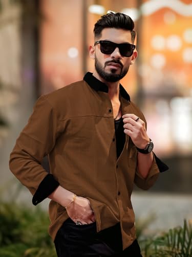 Image of Maniac Mens Solid Collared Neck Full Sleeve Biscuit and Black Cotton Shirt