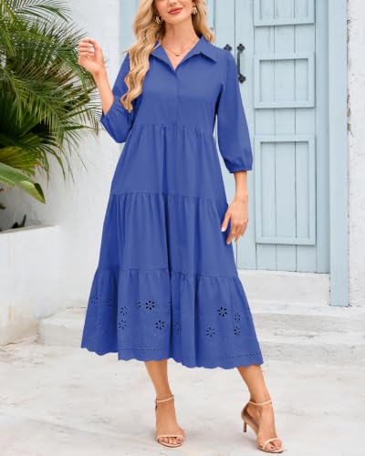 Image of Women Button Down Maxi Shirt Dress Long Sleeve Flowy Tiered Collared Dresses with Pockets