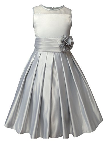 Spring Notion Big Girls Sheer Neckline Satin Tea Length Flower Girl Dress