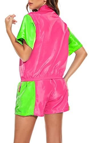 Yisfri Women's Color Block Windbreaker 2 Piece Outfits Short Sleeve Zip Front Elastic Waist Tracksuit Set3