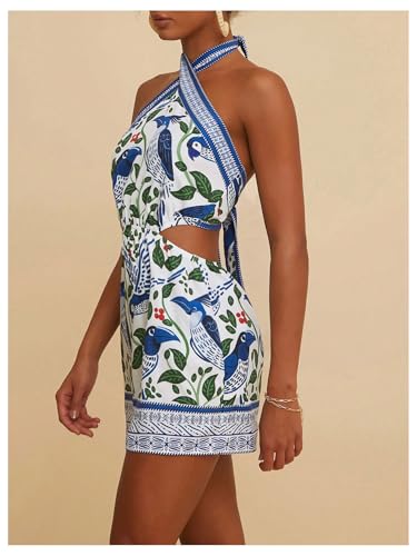 MakeMeChic Women's Chiffon Printed Halter Dress Tie Backless Criss Cross Cut Out Summer Mini Dresses2