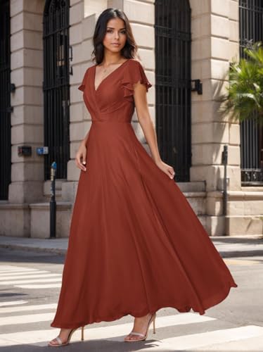 Tvuyet Women's Elegant V Neck Bridesmaid Dresses for Wedding Long Chiffon Formal Dresses Ruffle Evening Party Dress 20253
