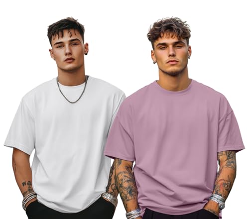 Image of Veirdo Solid Oversized 100% Pure Cotton Combo T-Shirt for Men & Boys (Half Sleeves, Round Neck, Drop Shoulder, Baggy Fit, Pack of 2, Available in S to 2XL
