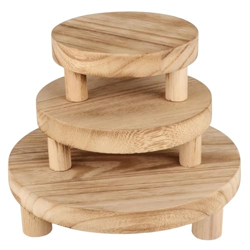 Bodhi2000 Taburete redondo decorativo para macetas de pie bajo, soporte de madera para tazas de café, maceta, pedestal, 3 piezas/juego de elevadores de plantas de flores con base estable, color madera