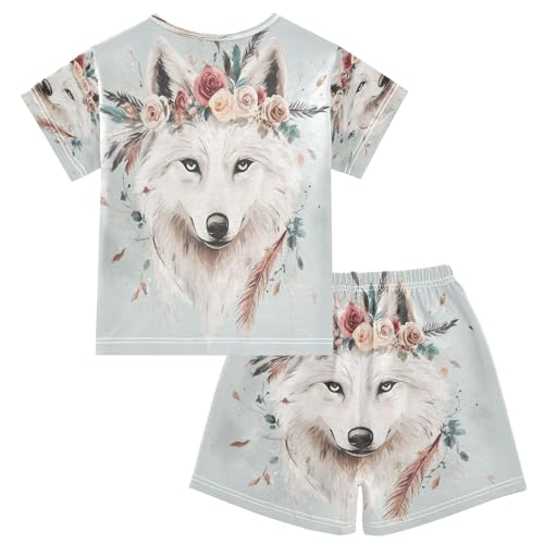 senya Short Sleeve Pajamas Sets Summer Cotton Sleepwear White Wolf Feather Rose Wreath2