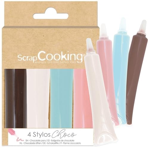 SCRAP COOKING - 4 Rotuladores Decorativos - Blanco, Rosa, Azul, Marrón, Chocolate - Para Pastelería - 4 x 20 g - Tinta Comestible- 7120